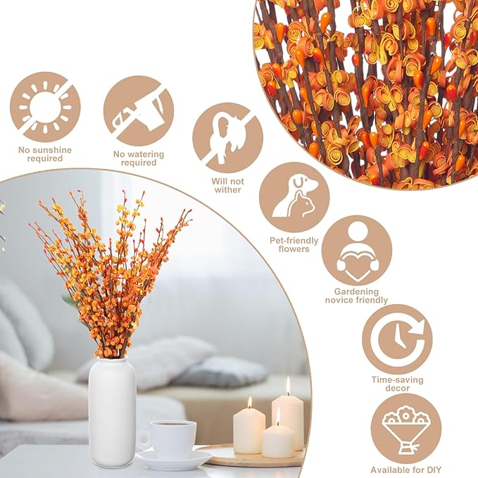 10 Pcs Long Stem Artificial Jasmine Flowers Burnt Orange Jasmine Fall Floral Stems for Wedding Bouquets Dried Autumn Orange Fake Flowers for Vases Home Parties Decor