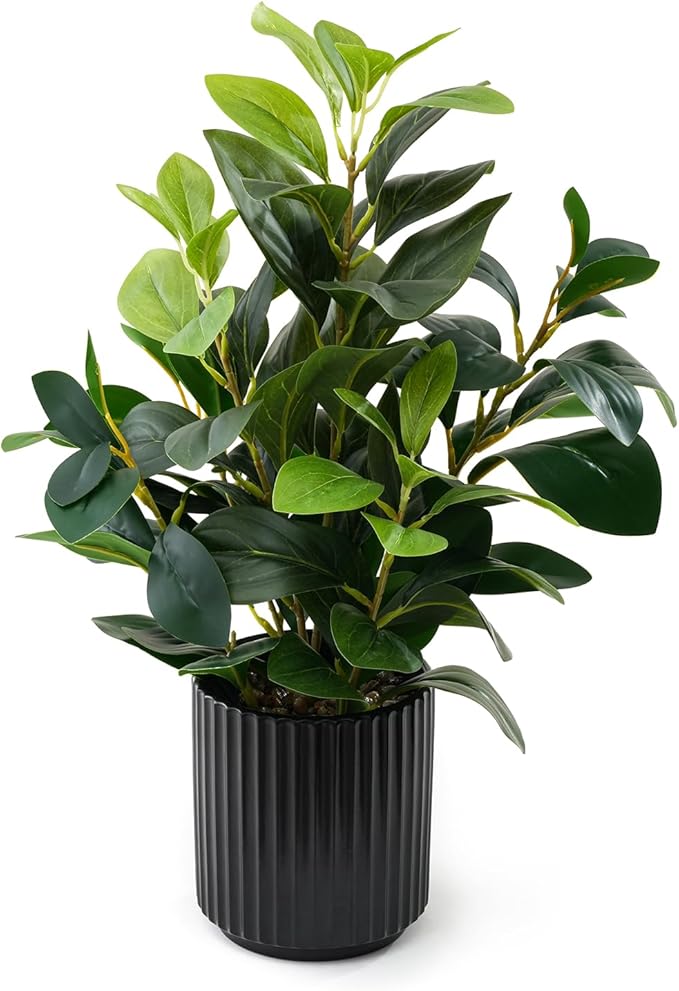 EZBOHO 16 inch Artificial Plants Indoor Realistic Touching Evergreen Leaf Fake Plant with Creamic Black Pot for Home Office Living Room Bathroom Office Table Bookshelf Decor