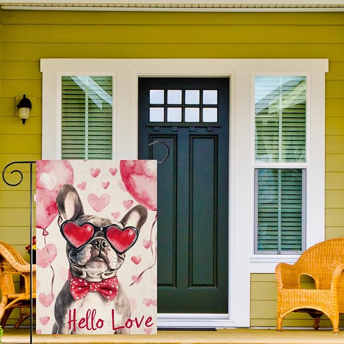 Valentine's Day French Bulldog Hello Love Garden Flag, House Yard Plaid Love Heart Outside Decoration, Spring Holiday Wedding Anniversary Outdoor Small Decor 12x18(12625)