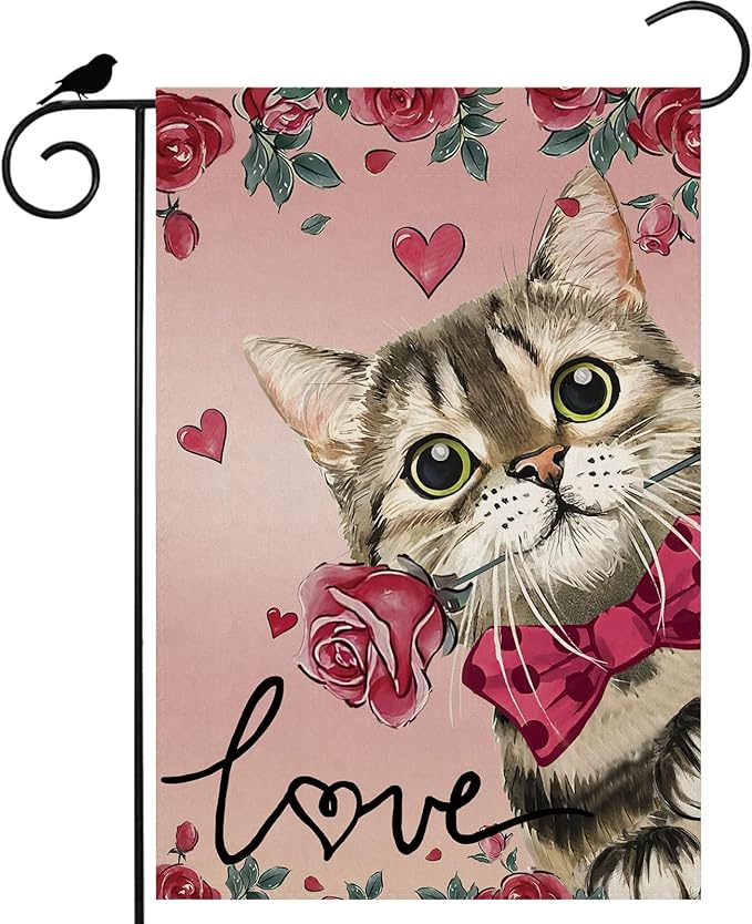 Valentine’s Day Romantic Roses Love Hearts Cat Garden Flag Yard Flag 12x18 Inch Double Sided Small Mini Yard Outdoor Outside Holiday Decoration
