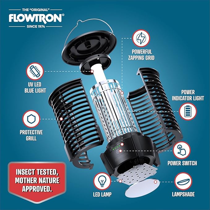 Flowtron Rechargeable Bug Zapper Lamp | 2-in-1 3600mAh Battery Powered LED Light & Insect Killer with USB-C Charging | 2150 Sq Ft Indoor Outdoor Coverage Mosquito Trap for Patio, Camping, Yard, Home