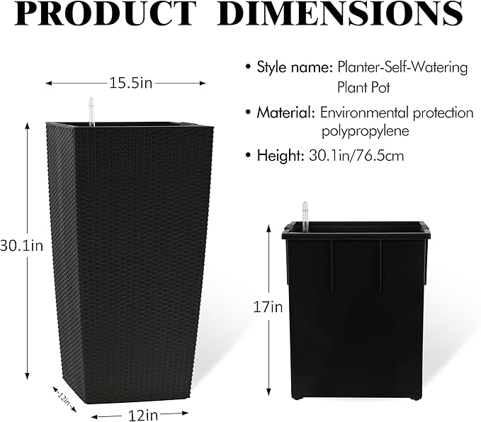 Vigo huseeo 30in Tall Planter, Self Watering Pots for Indoor/Outdoor Plants with Drain Holes, Water Level Monitor, Inner Bucket for Front Porch Patio, Black Large(1 Set)