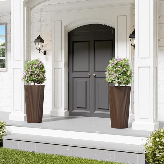 Diyfire Tall Outdoor Planter Front Porch Decor Set of 2-23.6" H Tall Planters for Outdoor Plants with Drainage Hole, Round Conical Design Flower Pots for Indoor/Patio/Garden, Brown