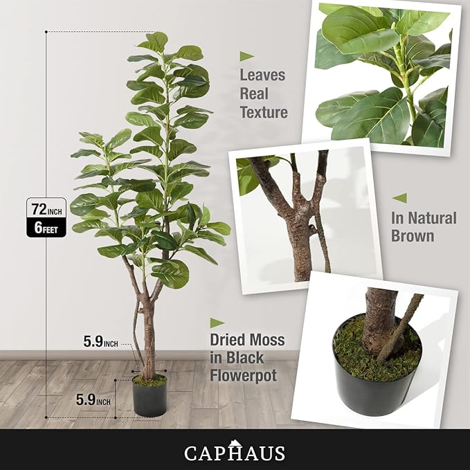 CAPHAUS Artificial Fiddle Leaf Fig Tree, 6/7 Feet in Pot with Dried Moss, for Indoor House Home Office Store, Potted Ficus Lyrata Faux Tree, Fake Plant Modern Decoration Gift for Housewarming