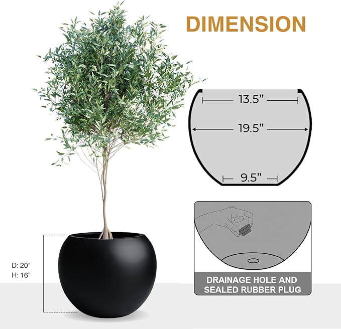 KUTE NEST 16" H x 20" D Globo Fiberstone Round Planter with Drainage Hole, Smooth Finishes, Weather Resistant for Indoor and Outdoor Use, Included 2 Extra Coco Mats (Black, 13.5" Pot Opening)