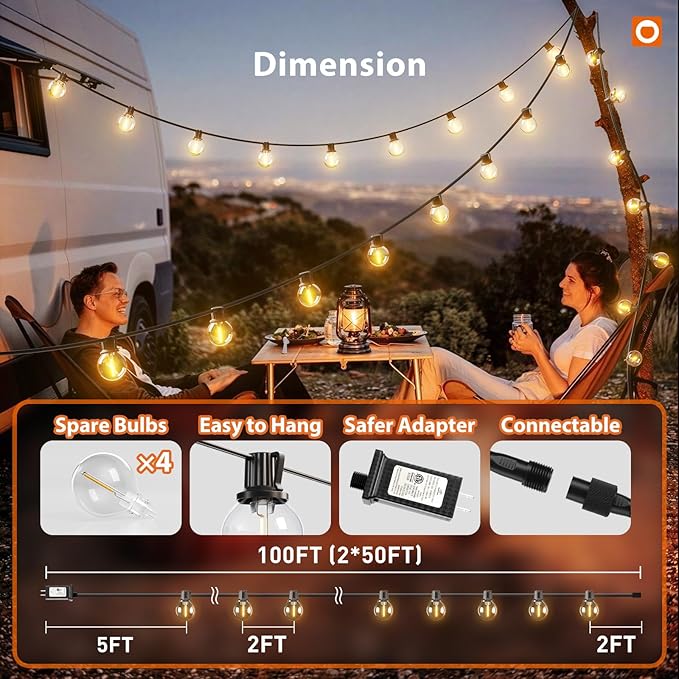 addlon Outdoor String Lights 100FT G40 with Remote, 54 LED Shatterproof Bulbs, Dimmable Patio Globe Lights Waterproof, Hanging Outside Lighting for Backyard, Garden, Deck, Balcony, Porch, Café, Decor