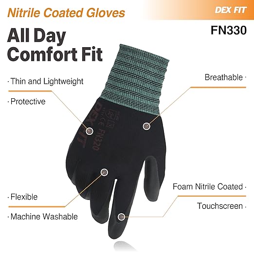 DEX FIT Nitrile Work Gloves FN330, 3D-Comfort Stretchy Fit, Firm Grip, Thin & Lightweight, Touch-Screen Compatible, Durable, Breathable & Cool, Machine Washable; Black S (7) 12 Pairs
