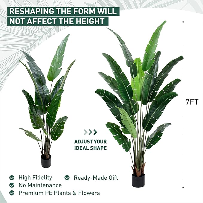 Artificial Bird of Paradise Plant 7 FT Fake Banana Leaf Plant Faux Tree Decor Large Fake Plants Realistic Indoor Outdoor Tall Floor Plant for Living Room, Office Decor