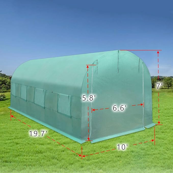 Replacement Cover for Portable Greenhouse, Large Walk-in Green Hot Garden House Top Tarp 2 Zippered Doors 8 Roll-up Windows (Frame Does NOT Included) (20 x 10 x 7 ft)