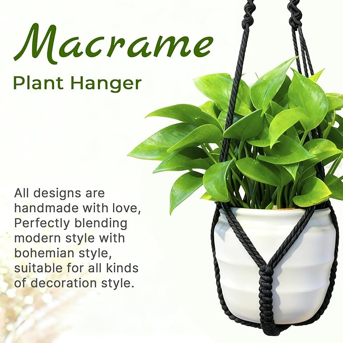 EJGIEGSO Macrame Plant Hanger, Up to 4-15 inch Pots, Wood Beads Cotton Hanging Planter Holder for Indoor Outdoor Boho Home Decor, 35 Inch, Set of 2 (Black)