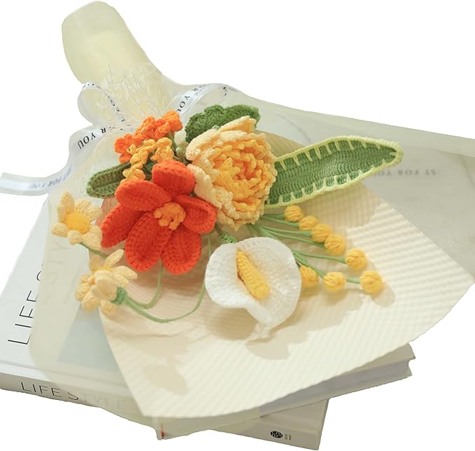 YOOJEE Crochet Flower Bouquet Golden Peonies Tulip - Retirement, Birthday, Christmas Gift - Eco-Friendly Hypoallergenic Florals Handmade by Artisan Moms
