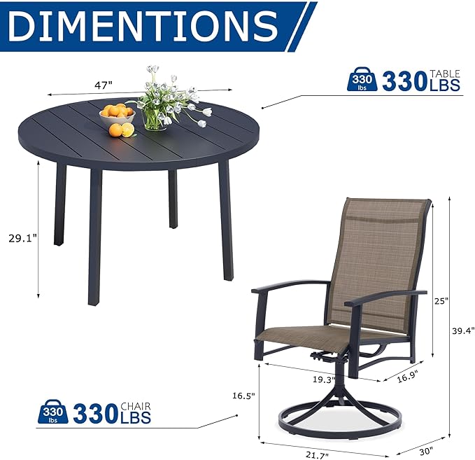 7 Pieces Outdoor Table and Chairs for 6, 47" Black Round Table with 6 Mocha Swivel Chairs, Patio Set with Swivel Chair, Garden Tables for Outdoor, Patio Dining Set for Lawn Backyard Poolside