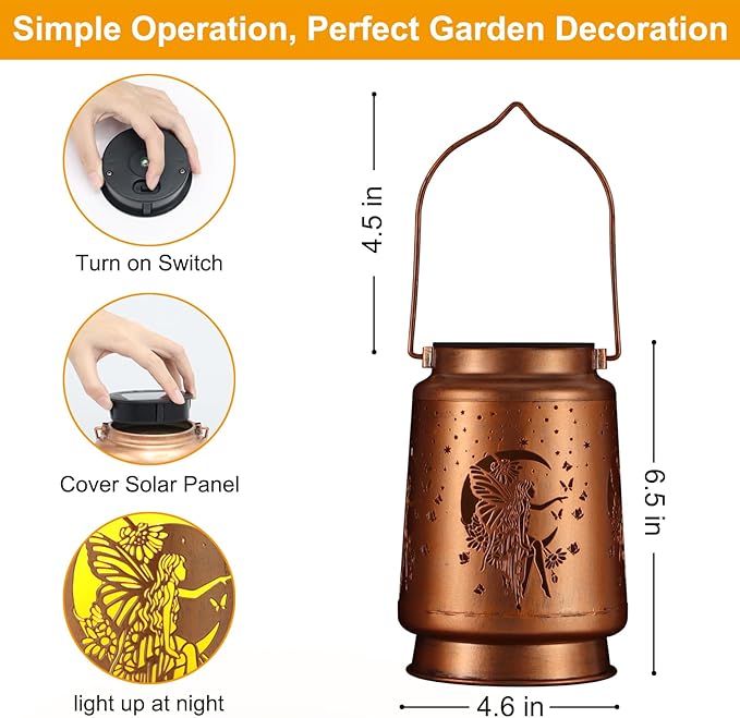 Solar Lantern Outdoor Hanging Waterproof Outside Metal Openwork Hummingbird Pattern Birthday Gifts for Women Mom Landscape Lights for Porch Garden Yard Patio Pathway Decor(Fower Fairy)