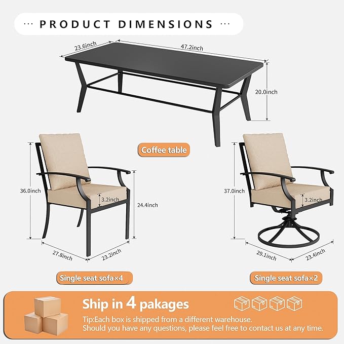 7-Piece Patio Conversation Set, Patio Furniture Set with 4 Stationary & 2 Swivel Chairs with Thick Cushions & a Rectangular All-Iron Coffee Table, Metal Patio Seating Set for lawns, Patio,Sand
