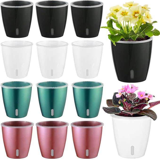 KvyusFlourish Self Watering Pots for Indoor Plants, 12-Pack 5'' Self Watering Planter with Drainage Holes, Small African Violet Pots with Water Indicator, Clear Wick Pot, White/Black/Blue/Rose Gold