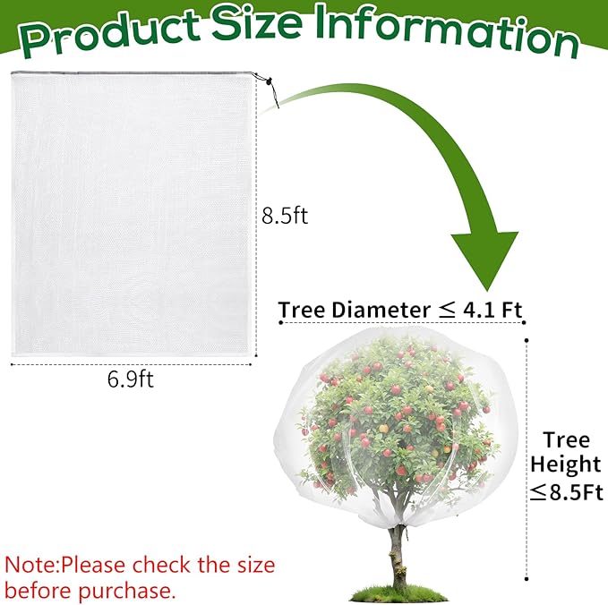 Fruit Tree Netting with Drawstring, 6.9x8.5ft Ultra-Fine Mesh Garden Insect & Bird Protection Cover, Breathable Reusable Tree Netting for Citrus, Apple, Peach & Shrubs
