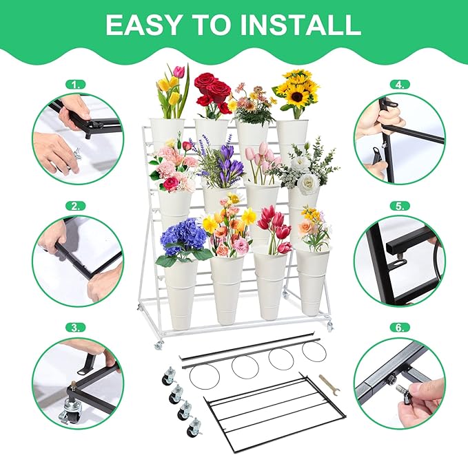 SPTZQURY Flower Display Stand with Buckets, 3 Layers Metal Plant Stand, Moving Florist Bouquet Shelf for Fresh Flower Shop, for Patio Garden, Outdoor Flower Pop-Up Events (White Frame - White Bucket)