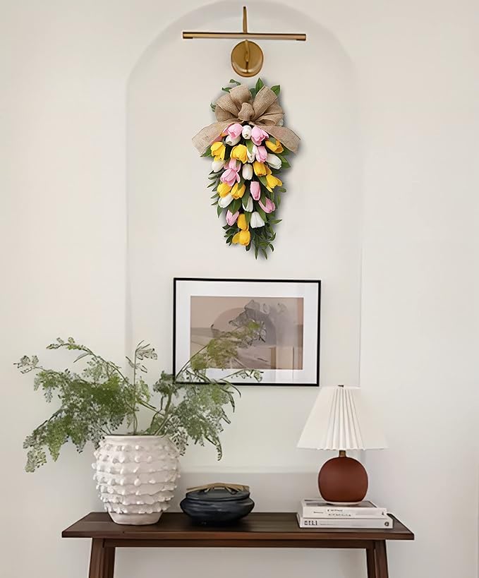 26" Artificial Tulips Teardrop Swag with Burlap Bow, Handmade Spring Easter Teardrop Wreath for Front Door & Porch Wall, Spring Easter Decor Decorative Swag