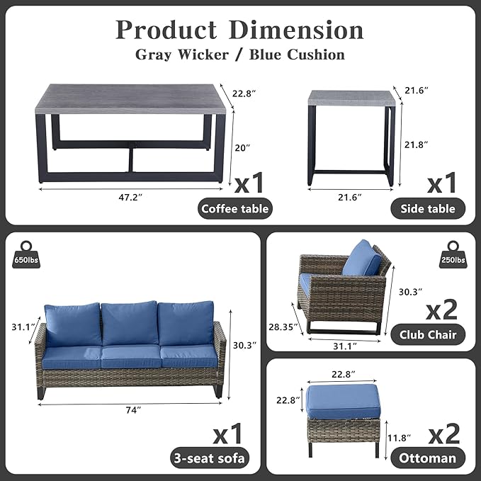 Belord 7 Piece Outdoor Furniture Patio Wicker Sofa Set, Oversize Outdoor Dining Chairs with Rattan Ottomans, Conversation Sets Patio Furniture Come with Removable Washable Cushion Blue