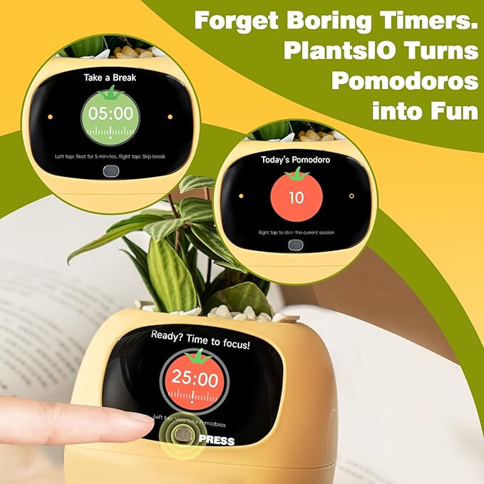 Plantsio AI Smart Pot for Plants with App Control, Self-Watering, Visual Display & 80ml Reservoir, Digital Plant Pot Supports 100+ Plants, Pomodoro Timer, Clock & Calendar,Desk & Office Planter-Yellow