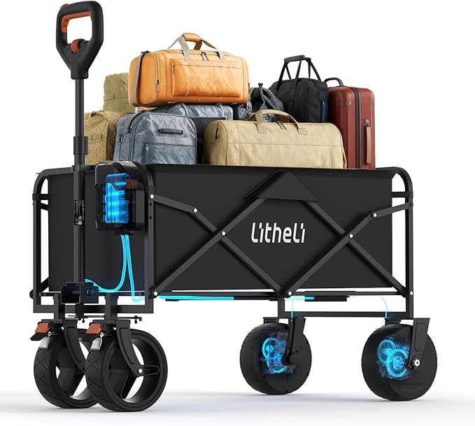 Litheli Electric Collapsible Wagon Cart Foldable, 100L Portable Folding Wagon Cart with Wheels, Outdoor Lightweight Utility Carts for Beach Grocery Camping Shopping