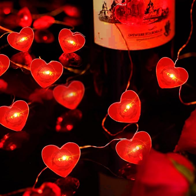 pozzolanas 2 Pack Red Heart Led Fairy Lights Battery Operated String Lights, 7 ft 20 LED Waterproof Firefly Light on Silver Wire for Home Party Wedding Valentines Decorations