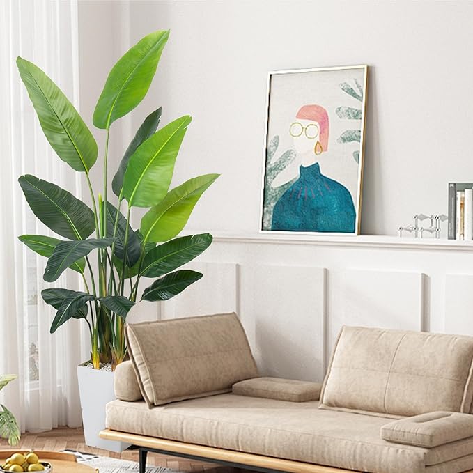 HAIHONG Bird of Paradise Artificial Plant 6.8FT, Faux Tropical Palm Tree with White Tall Planter, Large Fake Plants in Pot - Artificial Tree for Home Office Living Room Decor Indoor