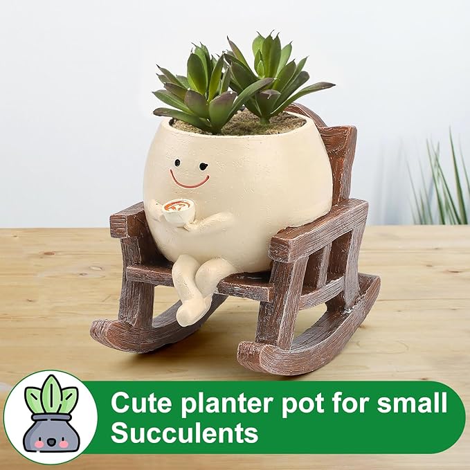KIUGCO Smily Face Planter Pots for Indoor Plants, Cute Resin Flower Head Planters, Rocking Chair Succulent Flower Pots with Drainage Hole, Gift IdeaI for Birthday