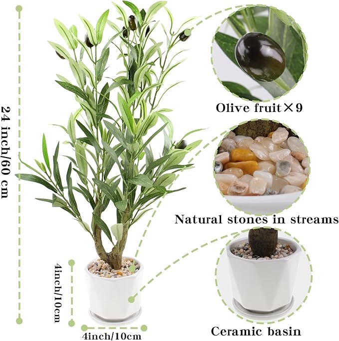 Abyjifar 22" Artificial Olive Tree with Ceramic Pot, Faux Green Potted Plants Indoor Fake Greenery Olive Branches Stems in Pot for Tabletop Desk Office Kitchen Living Room Bedroom Bathroom Home Decor
