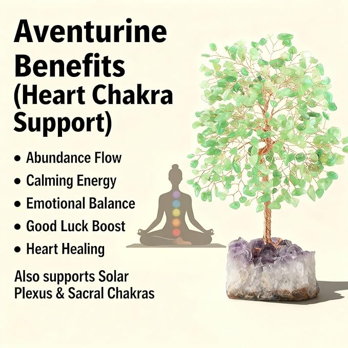 MASGEMES Crystal Tree of Life,Natural Green Aventurine (406 Beads Count) Amethyst Cluster Base, Positive Energy Feng Shui Gem Bonsai Money Tree Good Luck,Gift Size 8.5-9 Inches