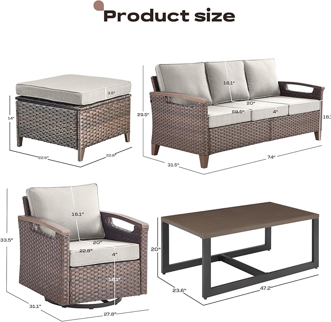 Rilyson Wicker Outdoor Patio Furniture Set - 8 Piece Patio Conversation Sets with Swivel Rocker Chairs, Ottomans, Sofa and Coffee Table, Thick Cushions, Waterproof Wicker, for Porch Deck Brown/Beige