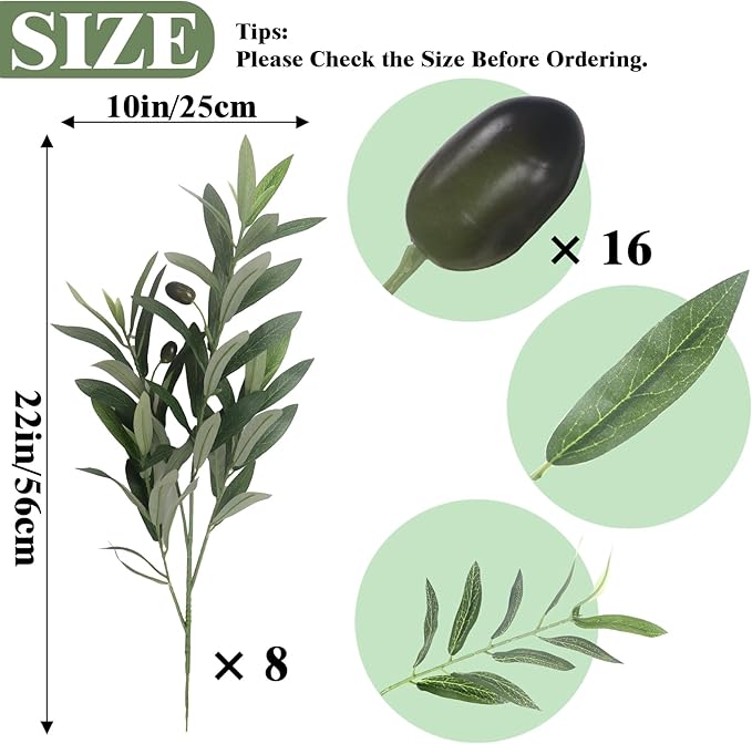 Abyjifar 8 Pcs Artificial Olive Branches for Vase, 22" Fake Greenery Olive Leaves Stems Faux Tabletop DIY Plants for Home Office Cafe Wedding Party Decor (4 Branches)