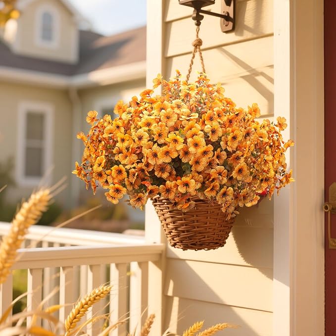 Grunyia 16 Bundles Artificial Fall Flowers UV Resistant Faux Greenery, All Weather Outdoor Autumn Decor for Thanksgiving Christmas Wedding Home Garden Fireplace Party Décor (Fall Orange Yellow)