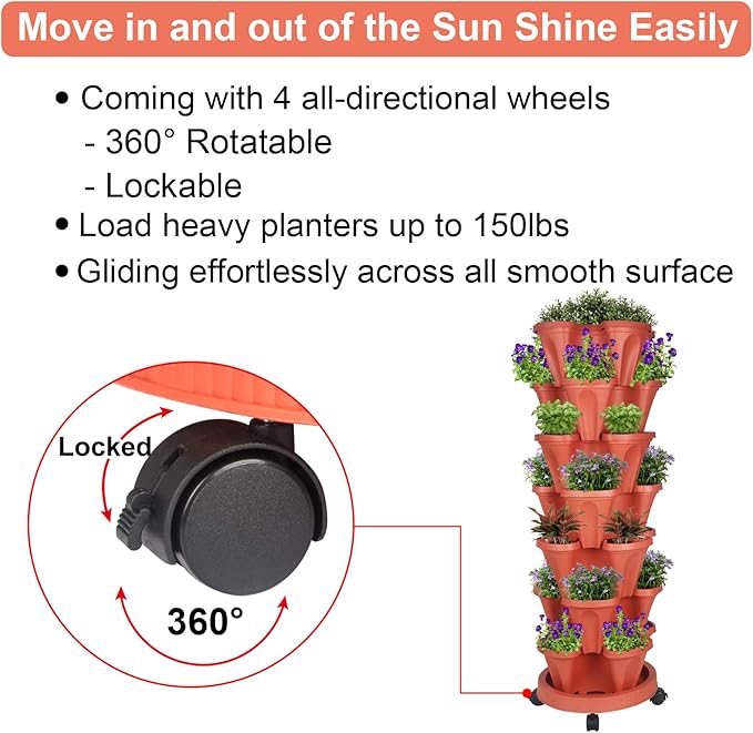 GameXcel Vertical Planter 7 Tier Stackable Planters Garden Planters Strawberry Herb Flower and Vegetable Planter Indoor Outdoor Gardening Pots with Removable Wheels and Tools