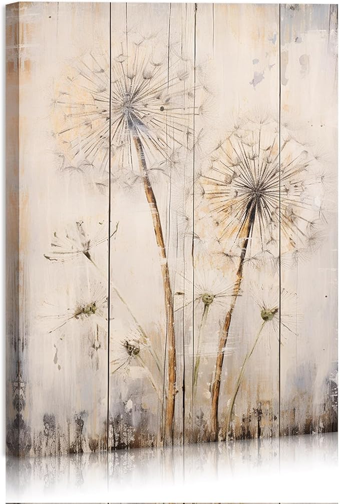 FUNHUA White Dandelion Wood Canvas Wall Art Rustic Home Decor Modern Home Decor for Living Room Home Bedroom Decoration Framed Ready to Hang12 x16