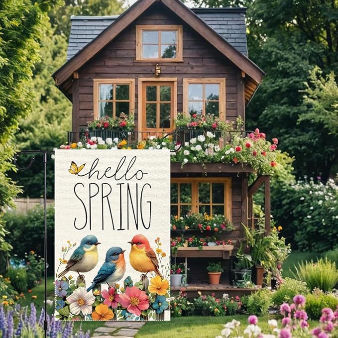 Hello Spring Cardinal Garden Flag 12x18 inch Double Sided Burlap Small Butterfly Seasonal Wildflowers Rustic Farmhouse Yard Lawn Outdoor Holiday Home Flags Decorations
