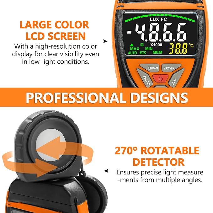 HOLDPEAK Light Meter, Digital Lux Meter 0.1-400,000 Lux, 270º Rotatable Detector, Large Color Backlit Display, Illuminance Meter Temp Luxmeter Lumen Meter for Photography 8801A