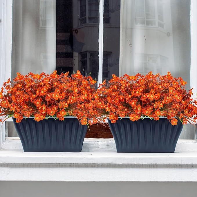 Grunyia 20 Bundles Artificial Fall Flowers Outdoor,No Fade Fake Plastic Flowers,Faux Autumn Plants for Indoor Outside Garden Porch Window Box Home Wedding (Fall Red)