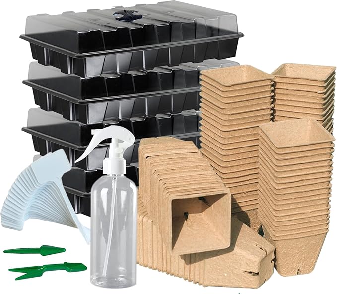 macoya Seed Starter Kit with 100 Peat Pots for Seedlings Seed Starter Tray, 5 Plastic Growing Trays with Water Strainer & Adjustable Humidity Dome Outdoor or Indoor Herb Garden Nursery