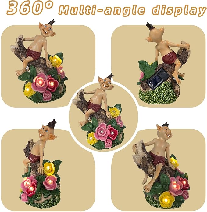 Gnome Figurine with Solar-Powered Flowers Goblin Decor Garden Gargoyle Statue for Patio Yard Balcony Housewarming Gifts for Mom Women Grandma