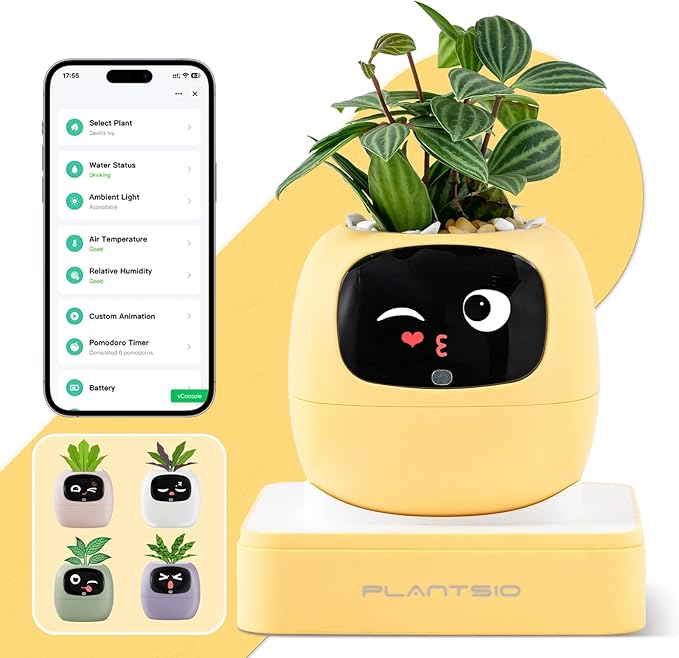 Plantsio AI Smart Pot for Plants with App Control, Self-Watering, Visual Display & 80ml Reservoir, Digital Plant Pot Supports 100+ Plants, Pomodoro Timer, Clock & Calendar,Desk & Office Planter-Yellow