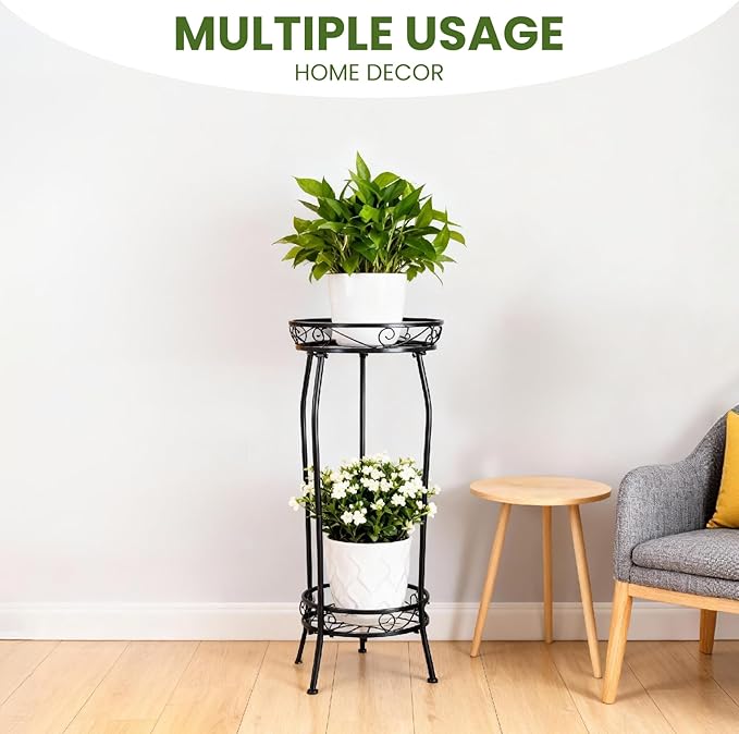 Decivems 2 Tier Tall Plant Stand Indoor Outdoor, 27in Corner Metal Wrought Iron Large Tiered Plant Shelf Holder Flower Pot Display Stands for Garden Patio (Black)