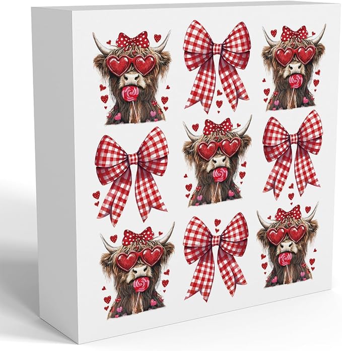 Valentines Day Decorations, Valentines Day Gifts for Her Him, Gift for Boyfriend Girlfriend, Vintage Bow Highland Cow Anniversary Wooden Box Sign Husband Wife Home Office Bedroom Desk Decor