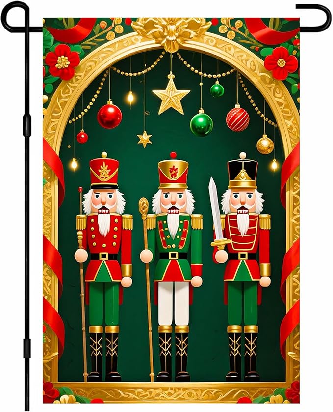 IVN Christmas Garden Flag 12x18 Inch Double Sided Classic Nutcracker Soldiers with Ornaments Outdoor Yard Flag for Outside Home Front Door Lawn Porch Patio Welcome Decor