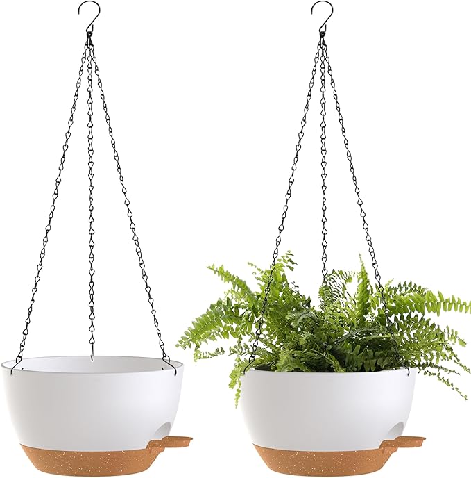 SQKH 12 Inch Hanging Baskets 2 PC with Chains, Self-Watering Hanging Planters for Indoor Outdoor Plants, Plastic Hanging Flower Pots,White Brown