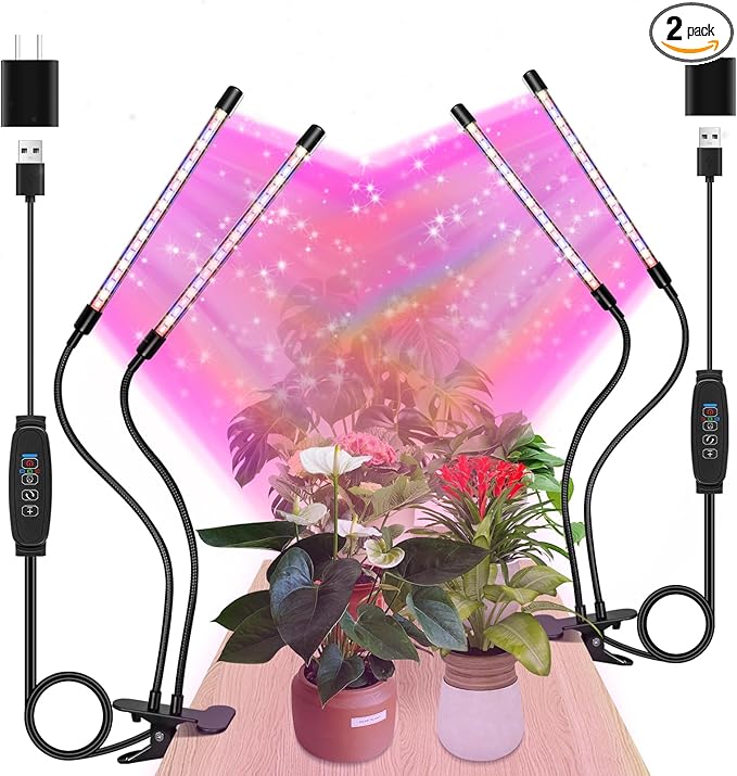zyzykeji LED Grow Lights (2 Packs), 2 Heads Red Blue White Full Spectrum Plant Light with Clamp for Indoor Plants & Seed Starting, 10-Level Dimmable, Auto On Off, Timing 4 6 12Hrs