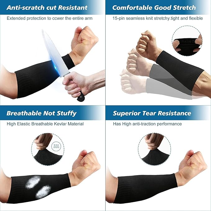 CAWANFLY 2 Pairs Protective Arm Sleeves, Cut Resistant Sleeve Arm Protectors Anti Abrasion Safety Armband for Garden Kitchen Work (Black+Black)