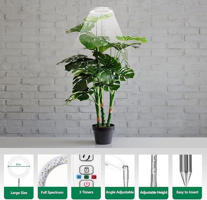 WaterRebirth 8 inch Grow Lights - Large Plant Light with 3 Timers, 10 Level Dimmable Brightness, Full Spectrum Lamp, Height Adjustable for Tall Plants