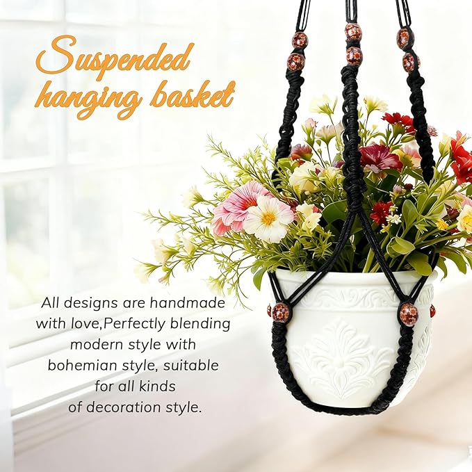 HOREAKHJ 35 Inch Macrame Plant Hanger, Large for up to 15 Inch Pot Extra Long Hanging Planter Holder Basket with Wood Beads for Indoor Outdoor Home Decor (Black, 2-Pack)