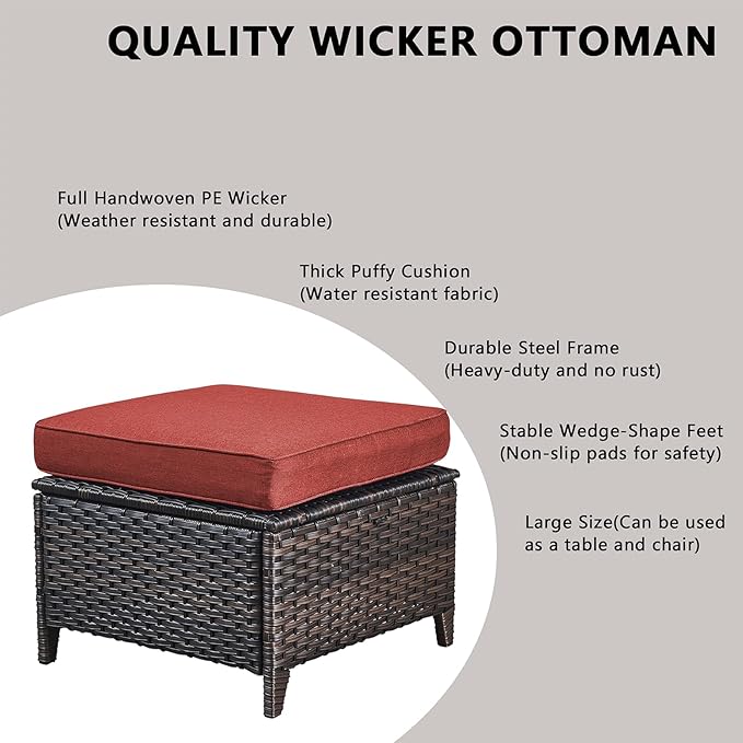 Outdoor Patio Furniture Sofa Set - 7 Piece Rattan Wicker Patio Sectional Conversation Sets with 1 Sofa,1 Loveseat,1 Coffee Table,2 Armrest Chairs and 2 Ottomans for Porch Deck Garden(Brown/Red)